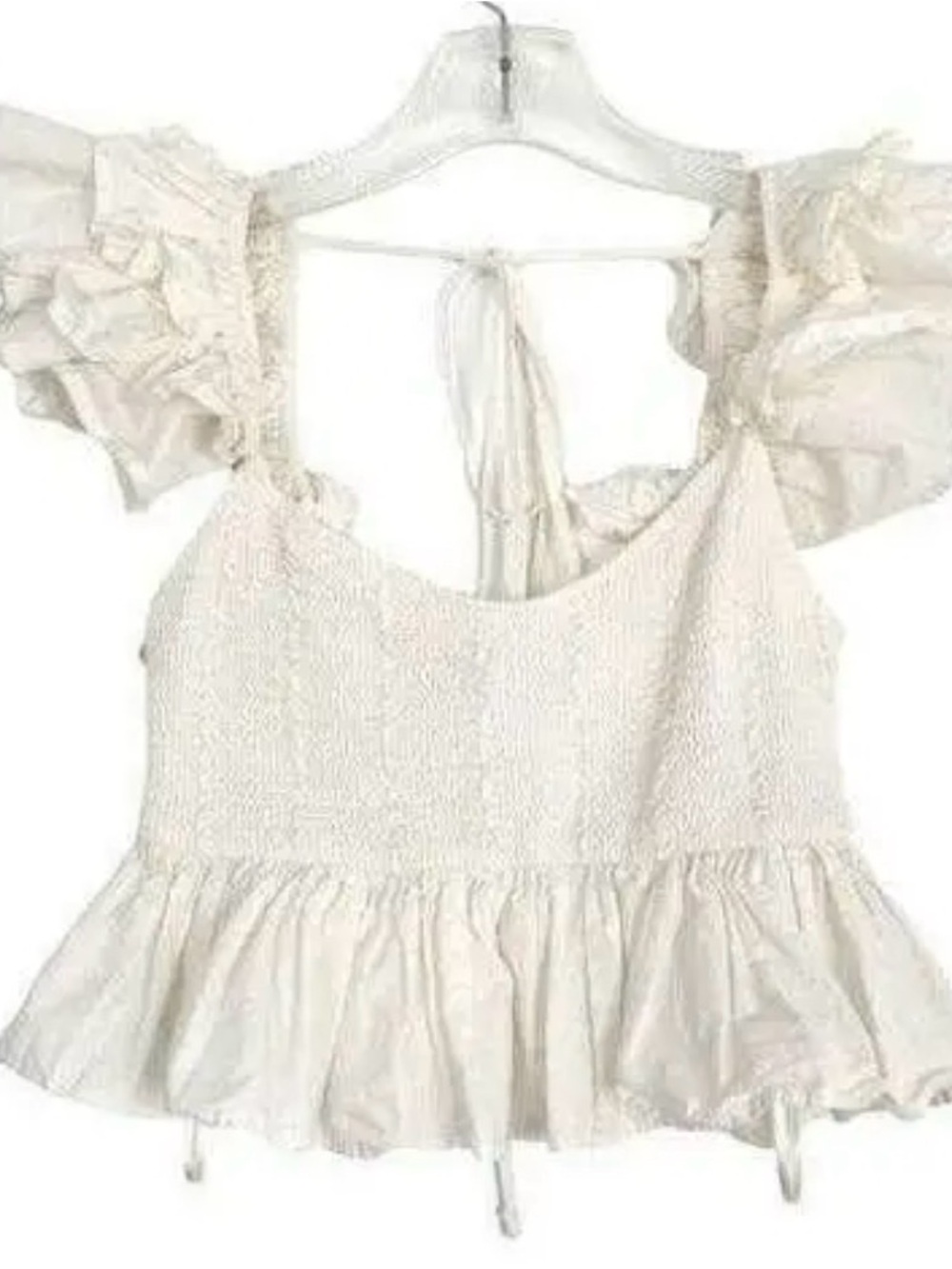 Zara Cream Smocked Tie-Back Ruffle Crop Top- Small